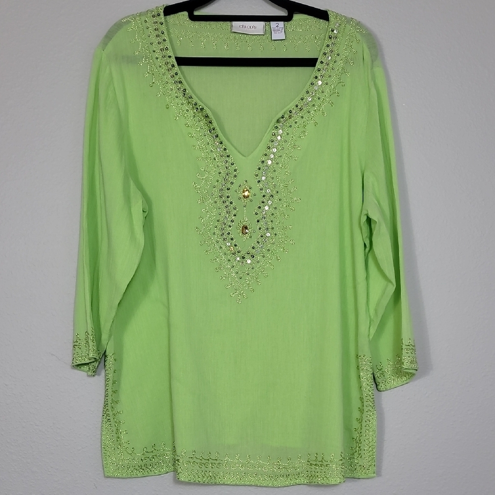 Vintage Chicos 100% Cotton Embroidered Tunic Top Size L Green Gauzy Embellished